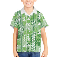 Green Hawaii Tapa Pattern Family Matching Off Shoulder Short Dress and Hawaiian Shirt With Heliconia Vintage Style