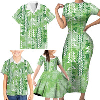 Green Hawaii Tapa Pattern Family Matching Short Sleeve Bodycon Dress and Hawaiian Shirt With Heliconia Vintage Style