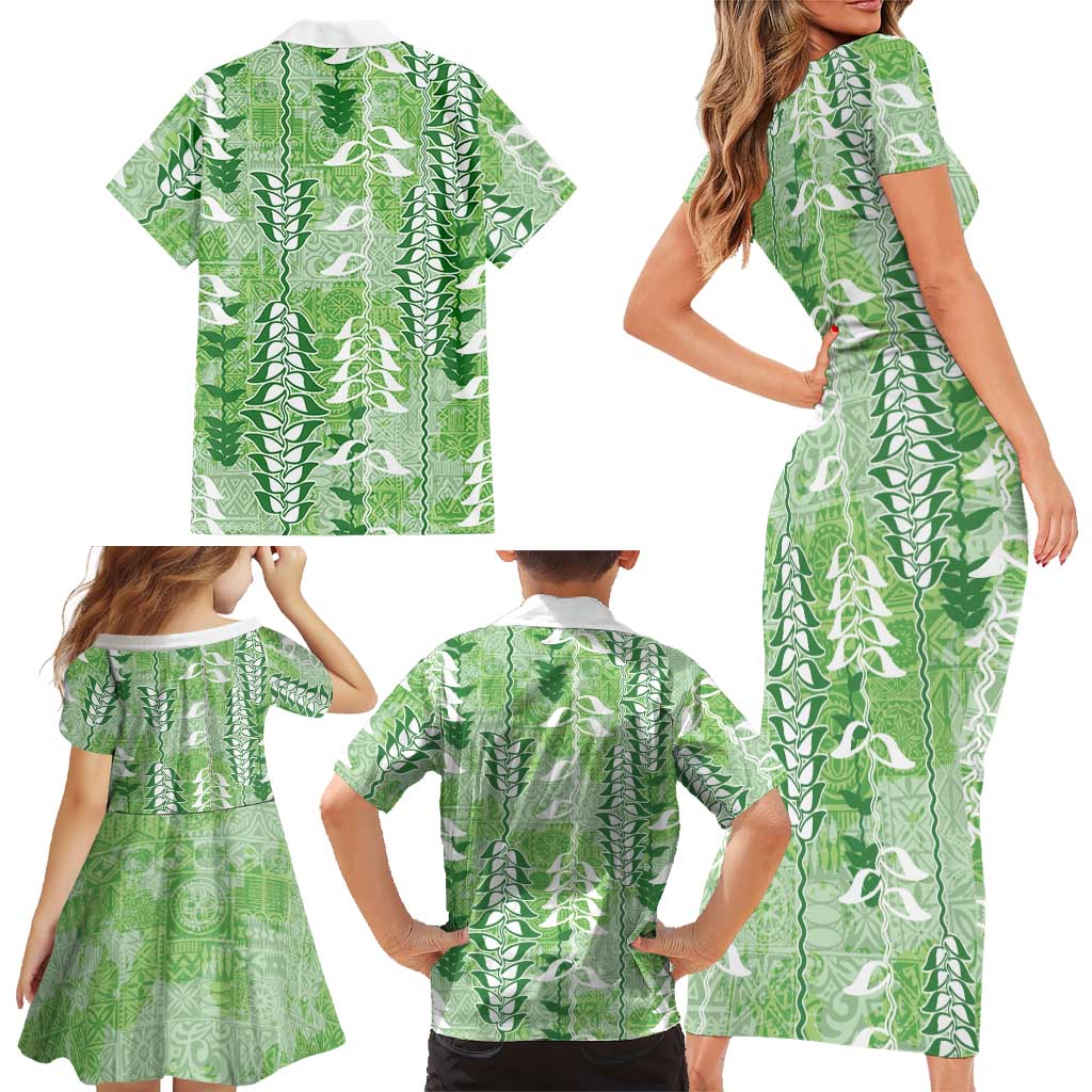 Green Hawaii Tapa Pattern Family Matching Short Sleeve Bodycon Dress and Hawaiian Shirt With Heliconia Vintage Style