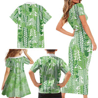 Green Hawaii Tapa Pattern Family Matching Short Sleeve Bodycon Dress and Hawaiian Shirt With Heliconia Vintage Style