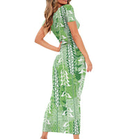 Green Hawaii Tapa Pattern Family Matching Short Sleeve Bodycon Dress and Hawaiian Shirt With Heliconia Vintage Style