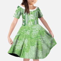 Green Hawaii Tapa Pattern Family Matching Summer Maxi Dress and Hawaiian Shirt With Heliconia Vintage Style