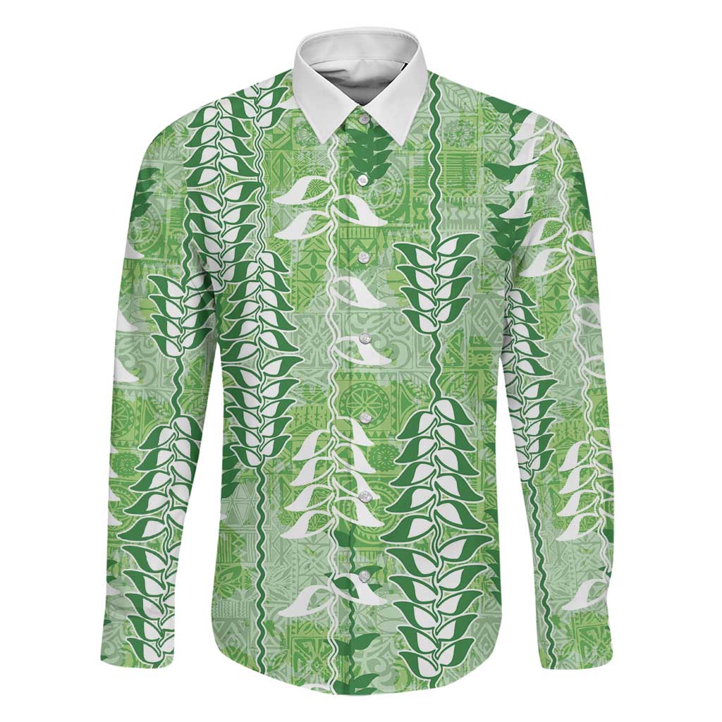 Green Hawaii Tapa Pattern Family Matching Tank Maxi Dress and Hawaiian Shirt With Heliconia Vintage Style