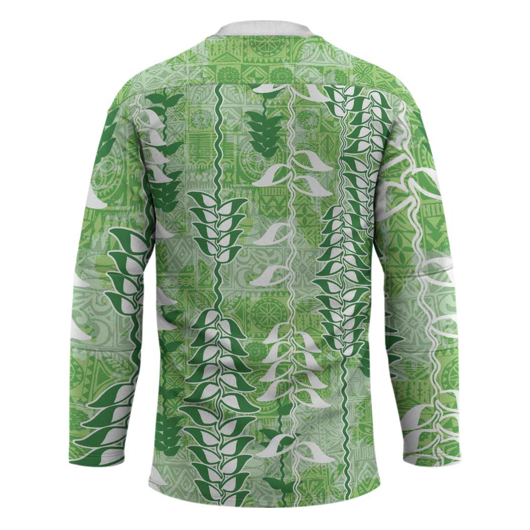 Green Hawaii Tapa Pattern Hockey Jersey With Heliconia Vintage Style LT05 - Polynesian Pride
