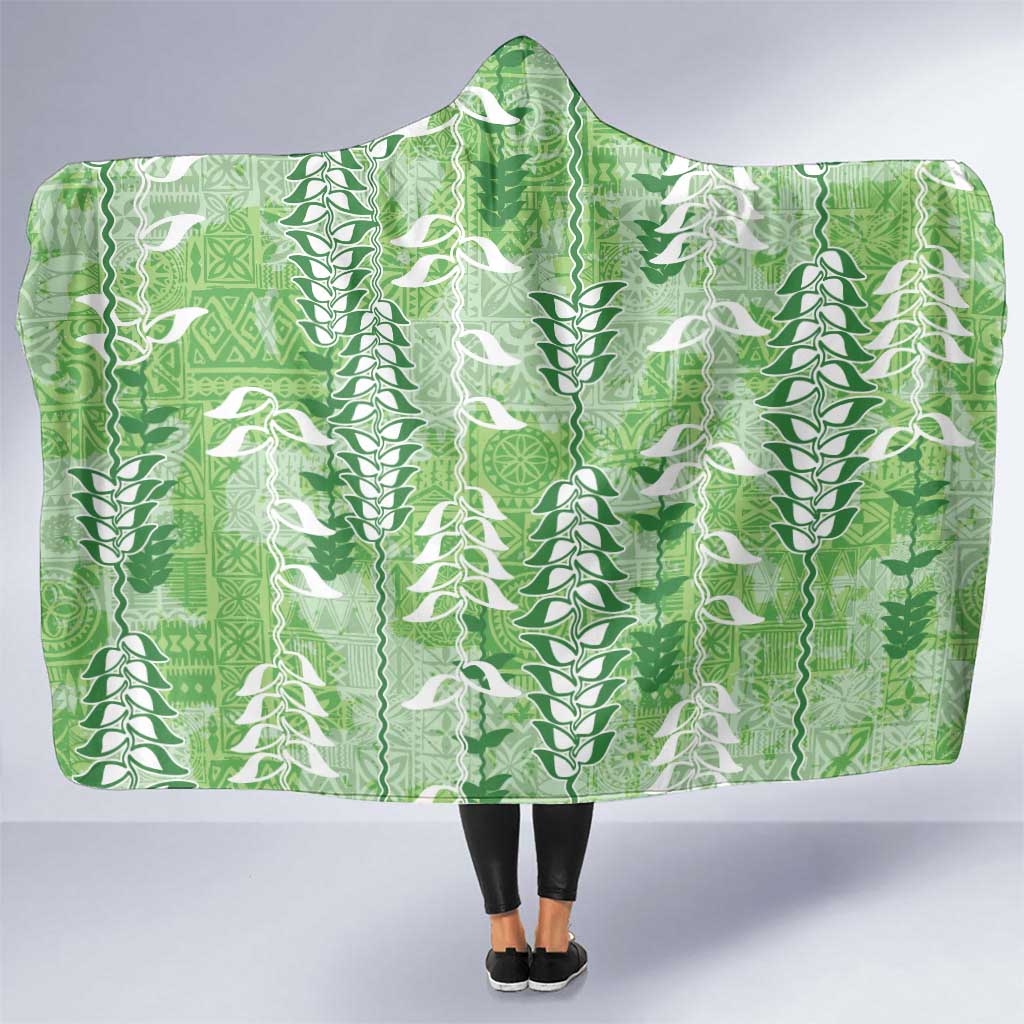 Green Hawaii Tapa Pattern Hooded Blanket With Heliconia Vintage Style LT05 One Size Green - Polynesian Pride