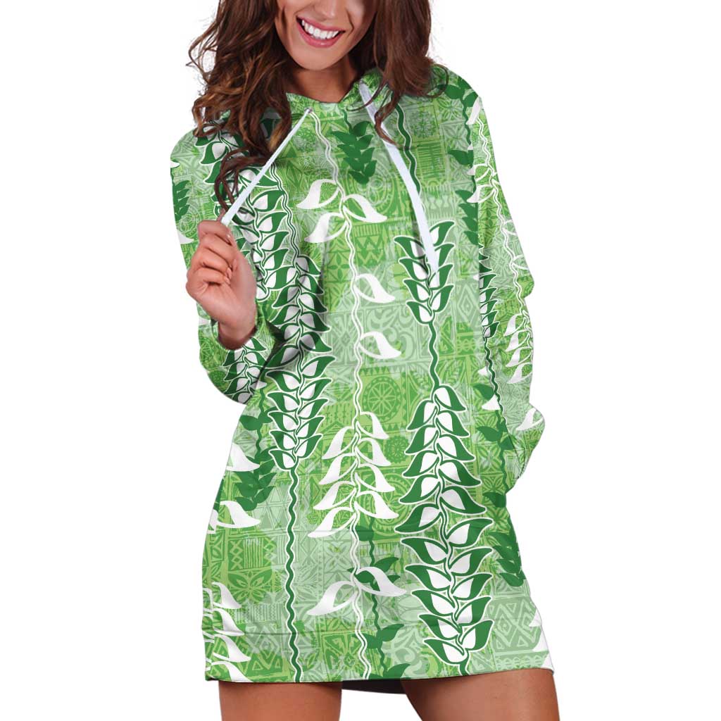 Green Hawaii Tapa Pattern Hoodie Dress With Heliconia Vintage Style LT05 Green - Polynesian Pride