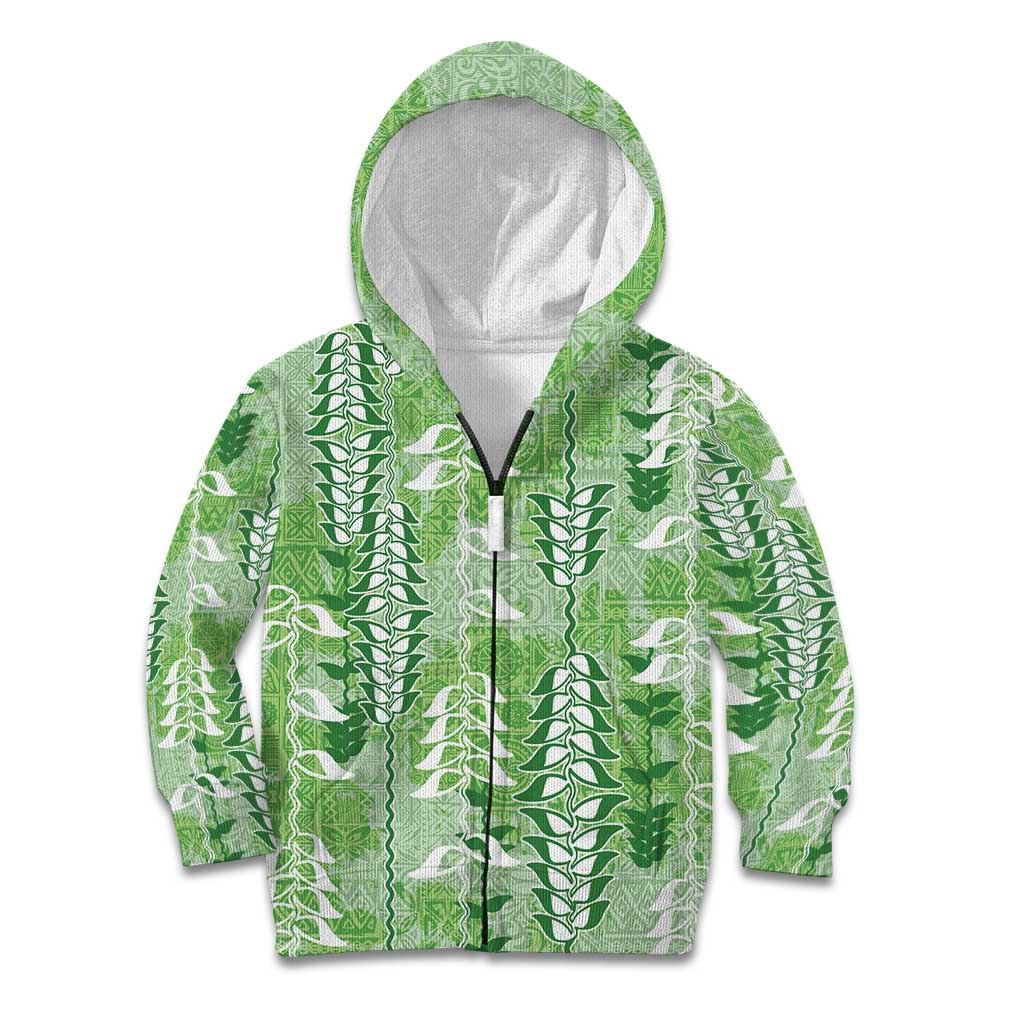 Green Hawaii Tapa Pattern Kid Hoodie With Heliconia Vintage Style LT05 Zip Hoodie Green - Polynesian Pride