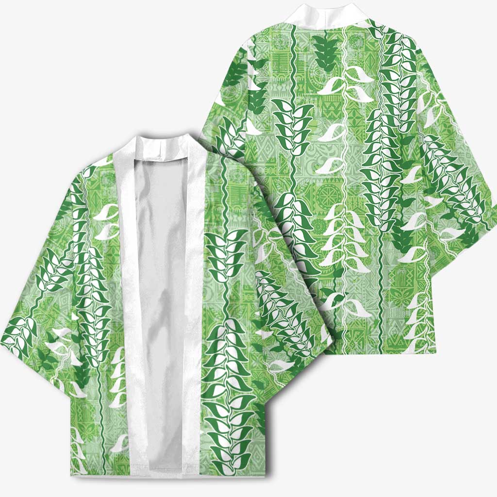 Green Hawaii Tapa Pattern Kimono With Heliconia Vintage Style LT05 - Polynesian Pride