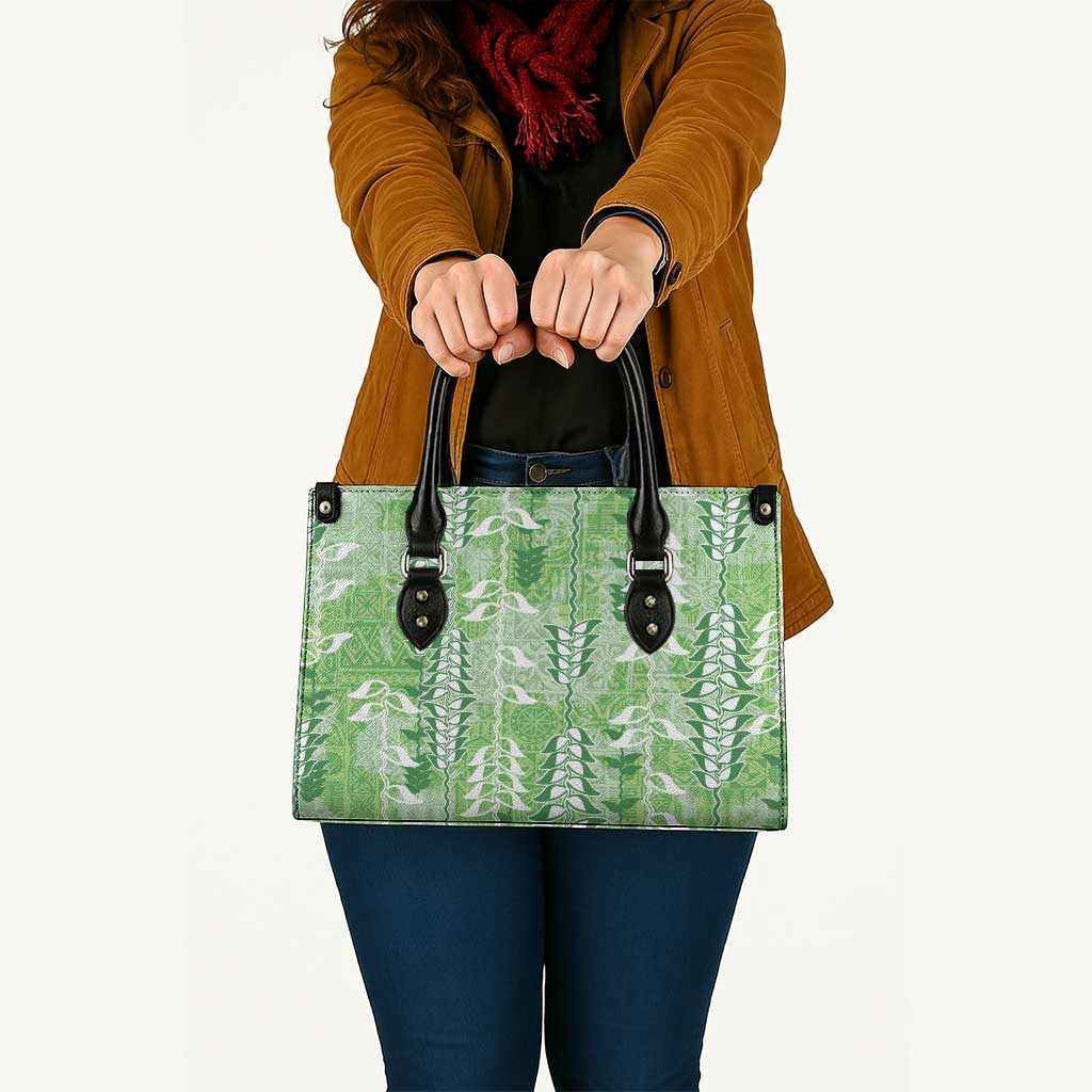 Green Hawaii Tapa Pattern Leather Bag With Heliconia Vintage Style LT05 - Polynesian Pride