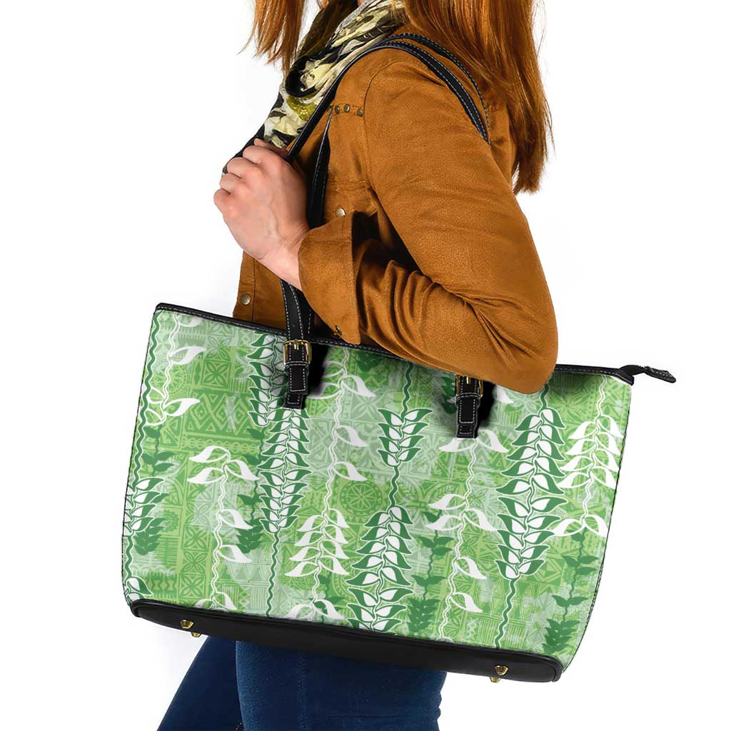 Green Hawaii Tapa Pattern Leather Tote Bag With Heliconia Vintage Style LT05 Green - Polynesian Pride