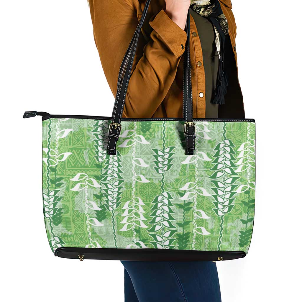 Green Hawaii Tapa Pattern Leather Tote Bag With Heliconia Vintage Style LT05 - Polynesian Pride