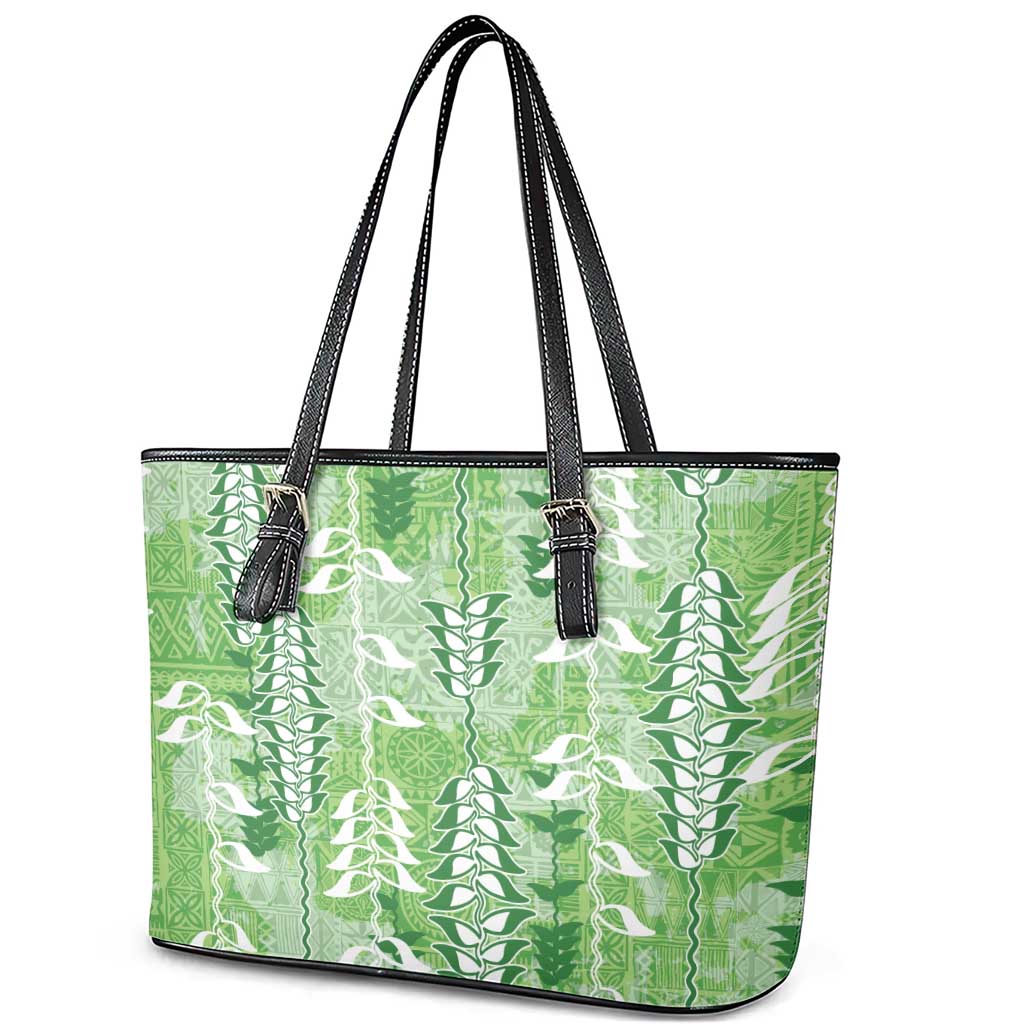 Green Hawaii Tapa Pattern Leather Tote Bag With Heliconia Vintage Style LT05 - Polynesian Pride