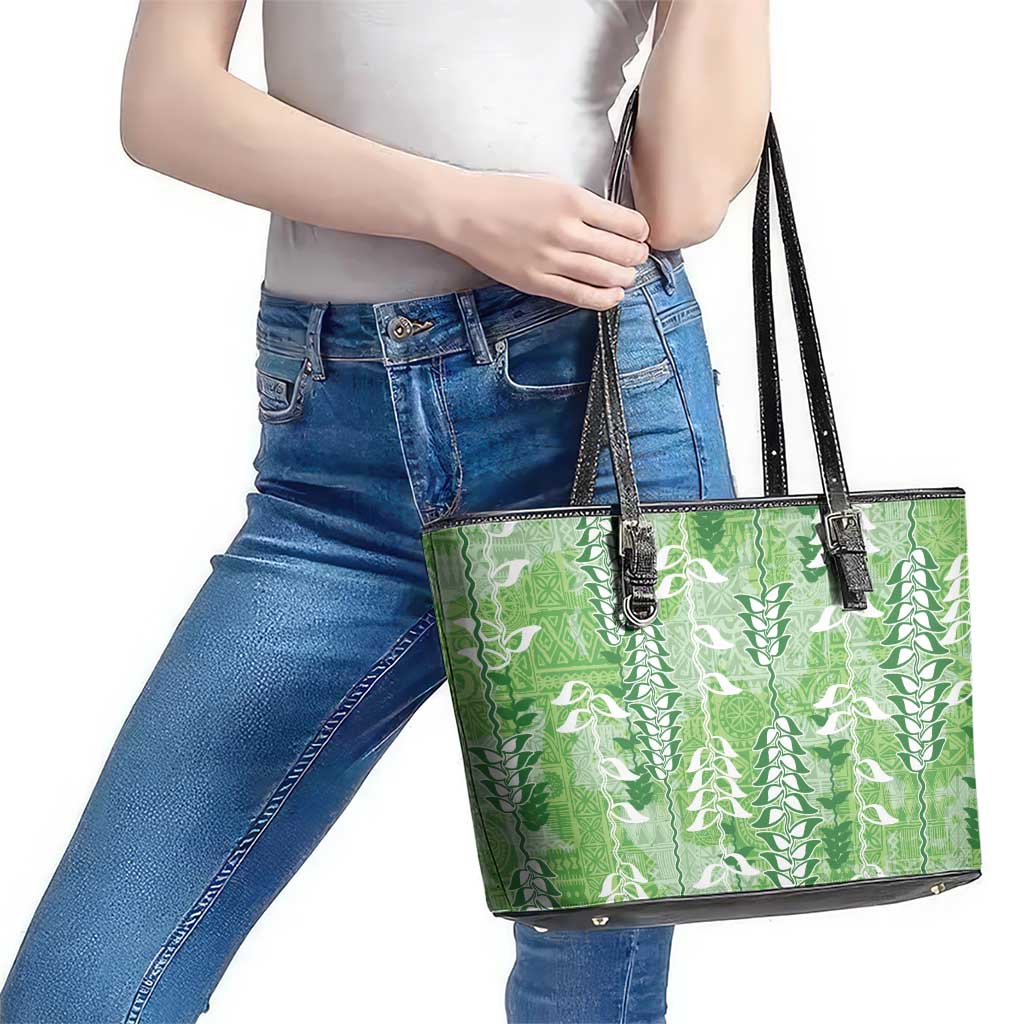 Green Hawaii Tapa Pattern Leather Tote Bag With Heliconia Vintage Style LT05 - Polynesian Pride