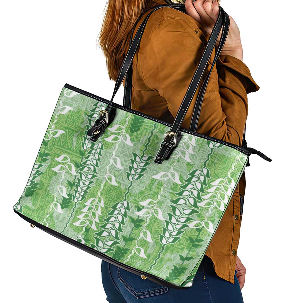 Green Hawaii Tapa Pattern Leather Tote Bag With Heliconia Vintage Style LT05 - Polynesian Pride