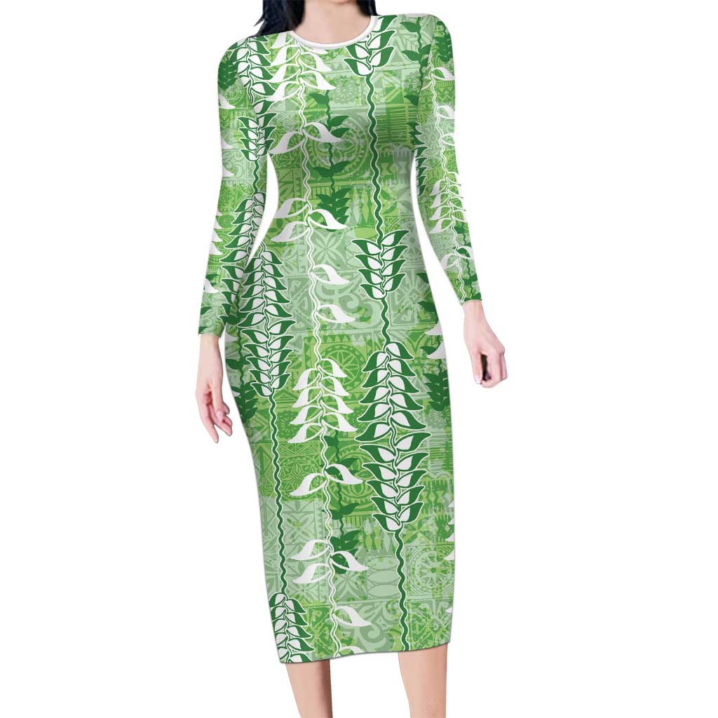 Green Hawaii Tapa Pattern Long Sleeve Bodycon Dress With Heliconia Vintage Style LT05 Long Dress Green - Polynesian Pride