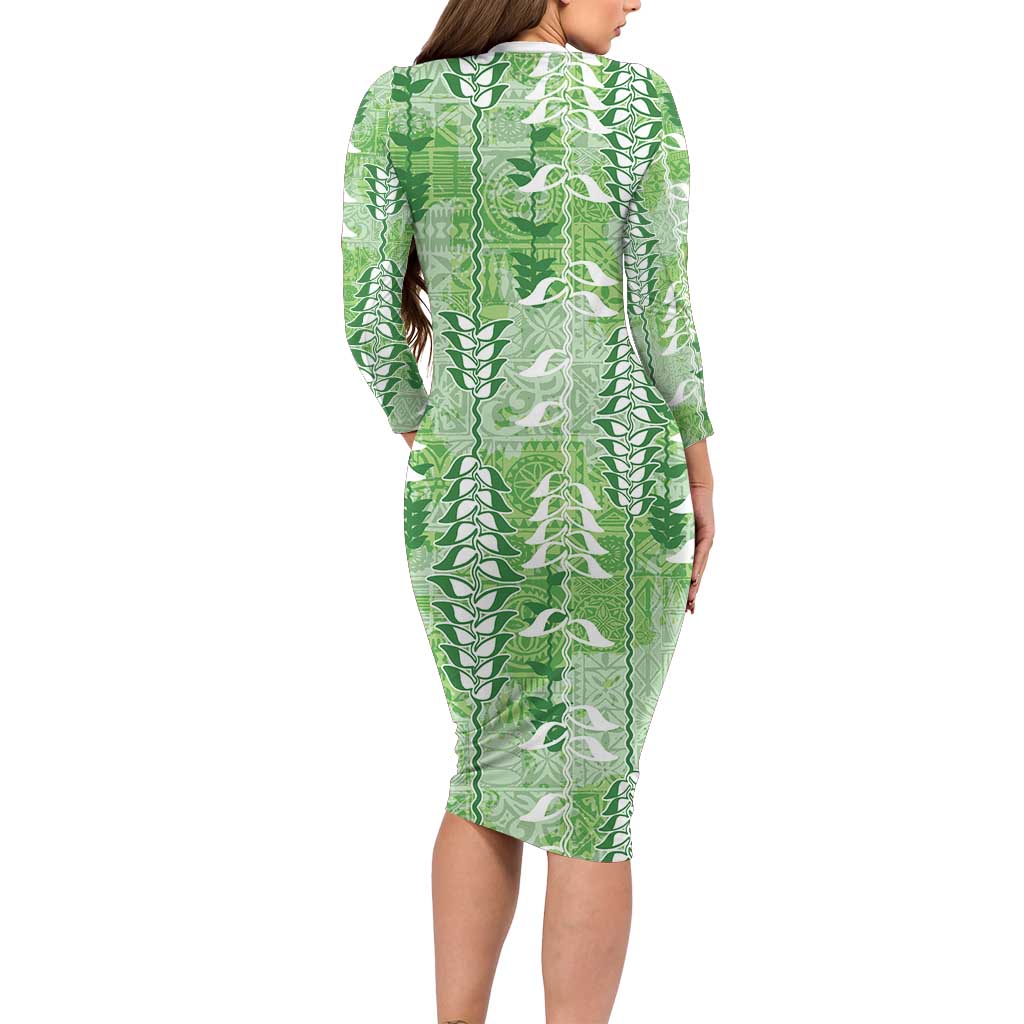 Green Hawaii Tapa Pattern Long Sleeve Bodycon Dress With Heliconia Vintage Style LT05 - Polynesian Pride