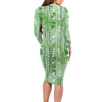 Green Hawaii Tapa Pattern Long Sleeve Bodycon Dress With Heliconia Vintage Style LT05 - Polynesian Pride