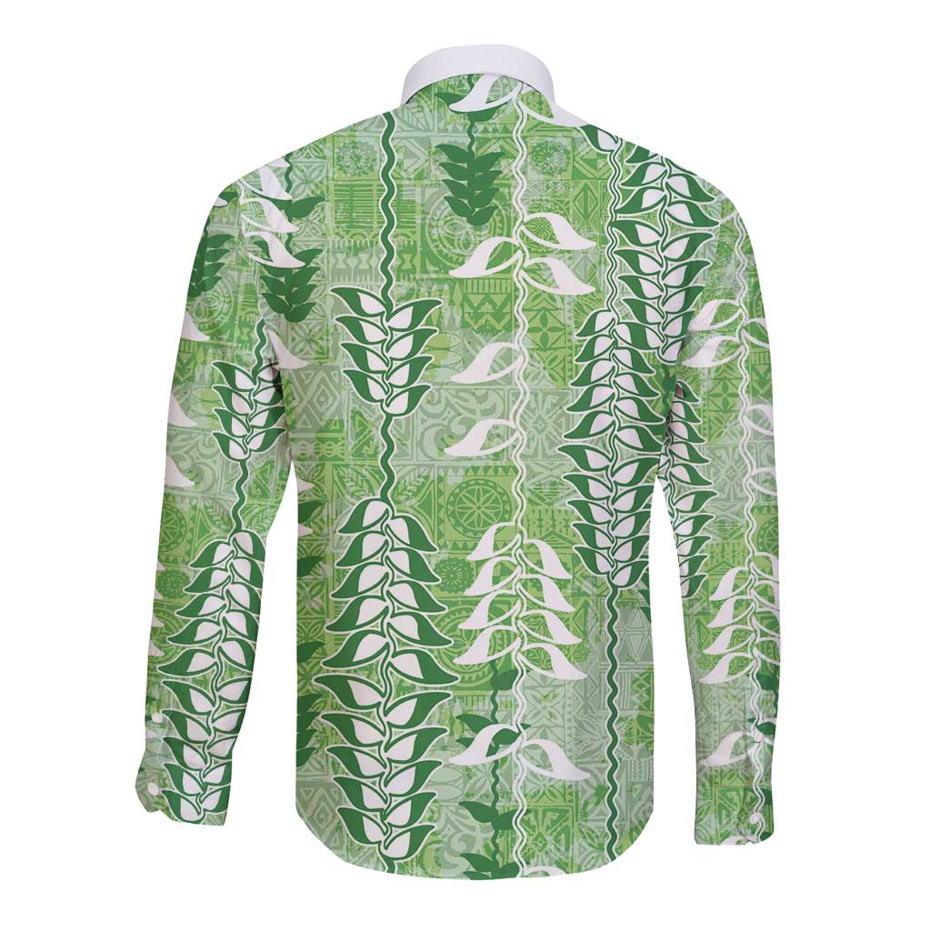 Green Hawaii Tapa Pattern Long Sleeve Button Shirt With Heliconia Vintage Style LT05 - Polynesian Pride