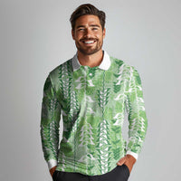 Green Hawaii Tapa Pattern Long Sleeve Polo Shirt With Heliconia Vintage Style LT05 - Polynesian Pride
