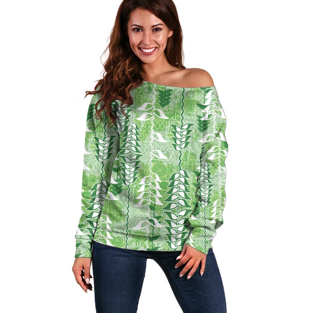 Green Hawaii Tapa Pattern Off Shoulder Sweater With Heliconia Vintage Style LT05 Women Green - Polynesian Pride