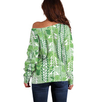 Green Hawaii Tapa Pattern Off Shoulder Sweater With Heliconia Vintage Style LT05 - Polynesian Pride