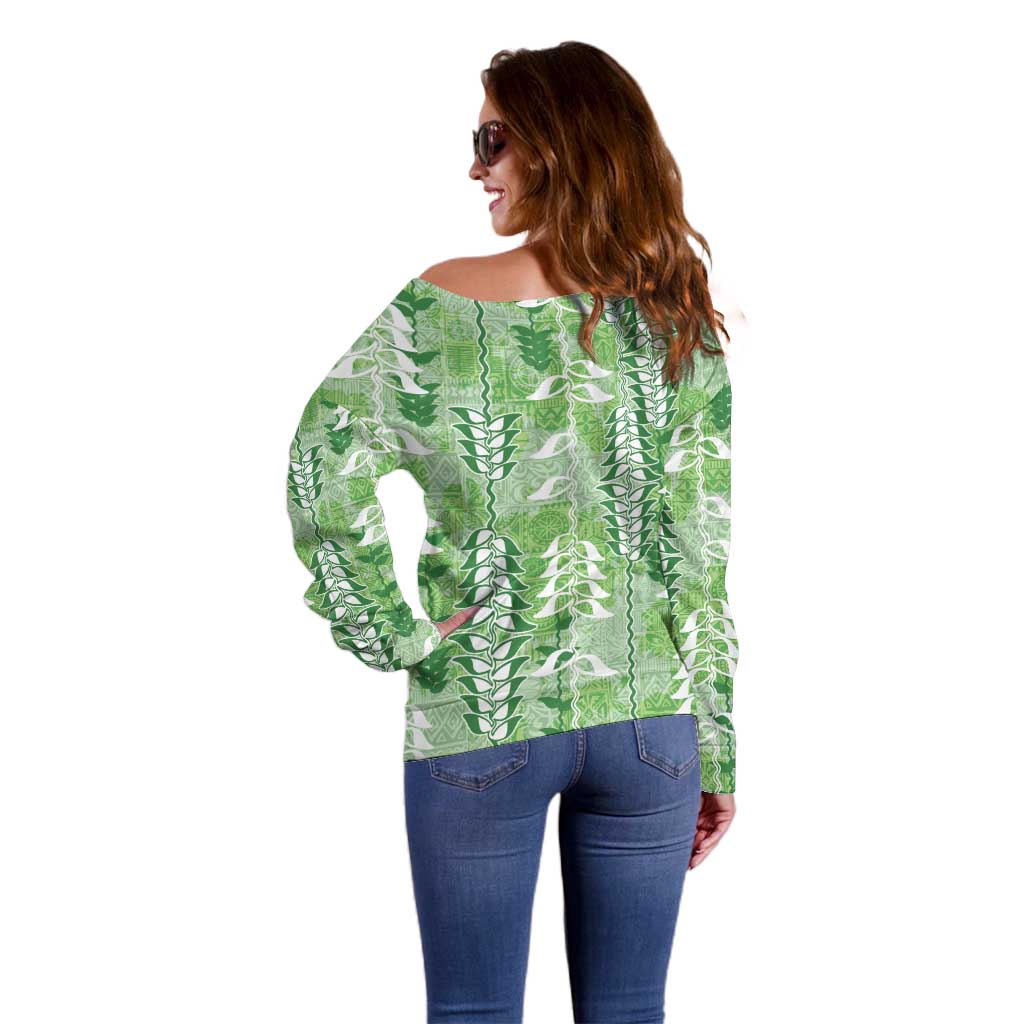 Green Hawaii Tapa Pattern Off Shoulder Sweater With Heliconia Vintage Style LT05 - Polynesian Pride