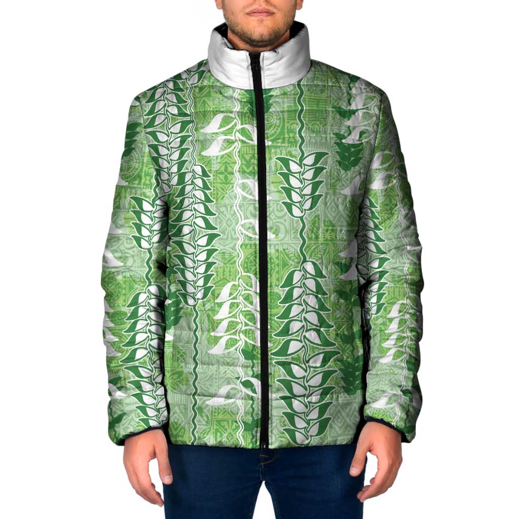 Green Hawaii Tapa Pattern Padded Jacket With Heliconia Vintage Style LT05 Men Green - Polynesian Pride
