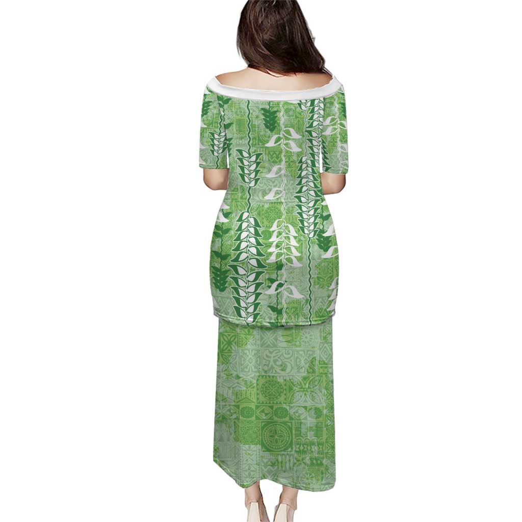Green Hawaii Tapa Pattern Puletasi With Heliconia Vintage Style LT05 - Polynesian Pride