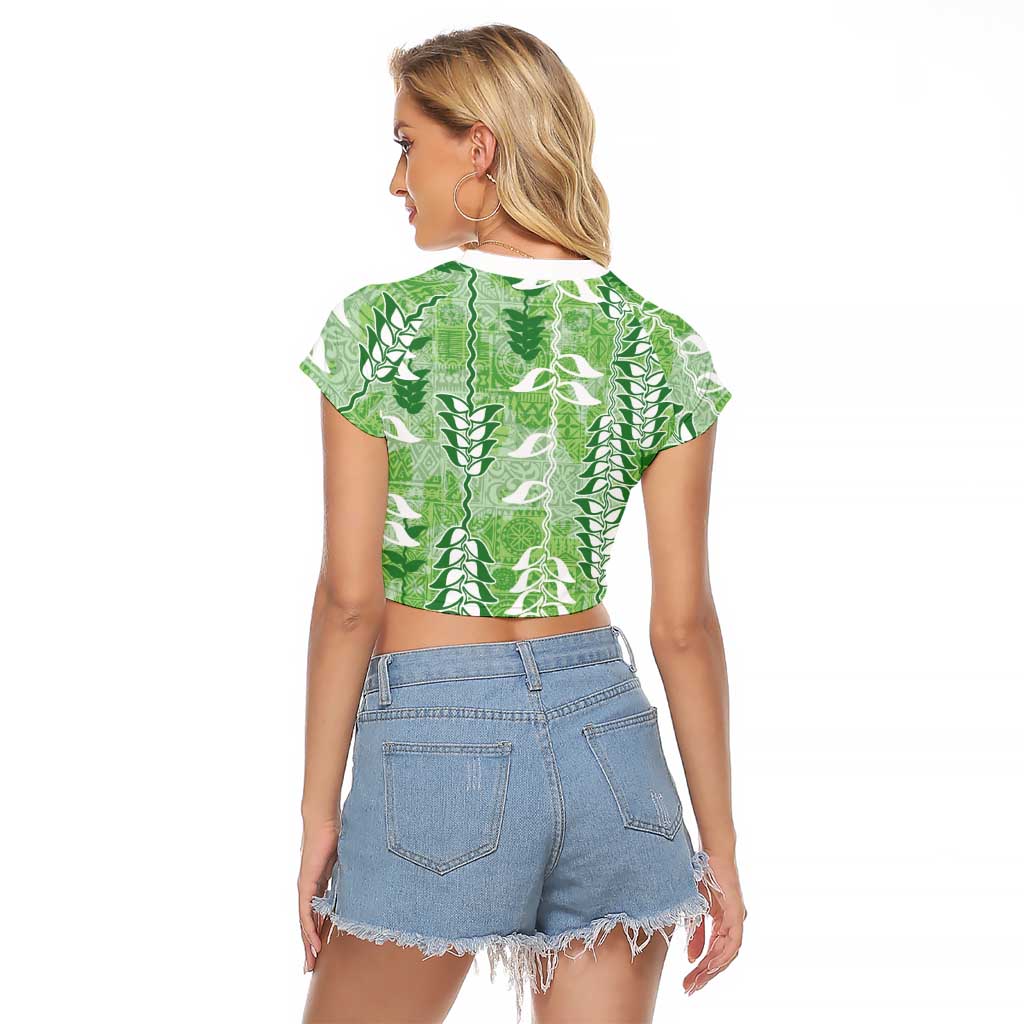 Green Hawaii Tapa Pattern Raglan Cropped T Shirt With Heliconia Vintage Style LT05 - Polynesian Pride