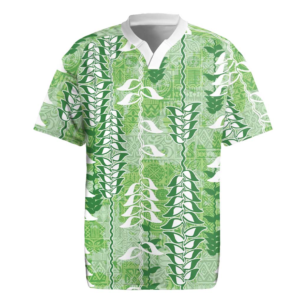 Green Hawaii Tapa Pattern Rugby Jersey With Heliconia Vintage Style LT05 Green - Polynesian Pride