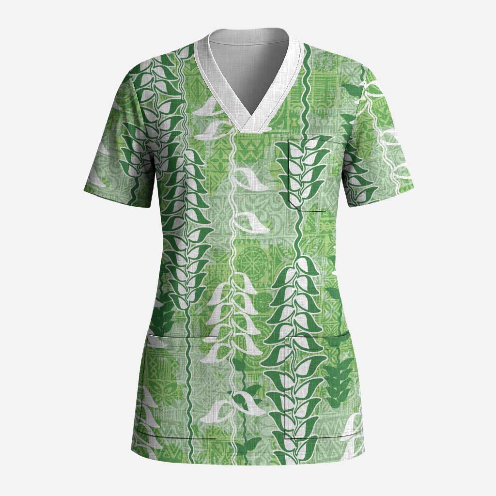 Green Hawaii Tapa Pattern Scrub Top With Heliconia Vintage Style