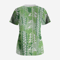 Green Hawaii Tapa Pattern Scrub Top With Heliconia Vintage Style