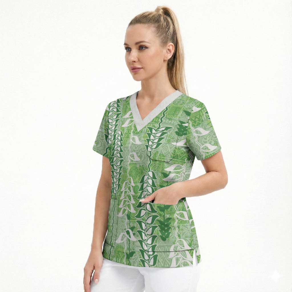 Green Hawaii Tapa Pattern Scrub Top With Heliconia Vintage Style