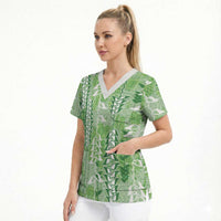 Green Hawaii Tapa Pattern Scrub Top With Heliconia Vintage Style