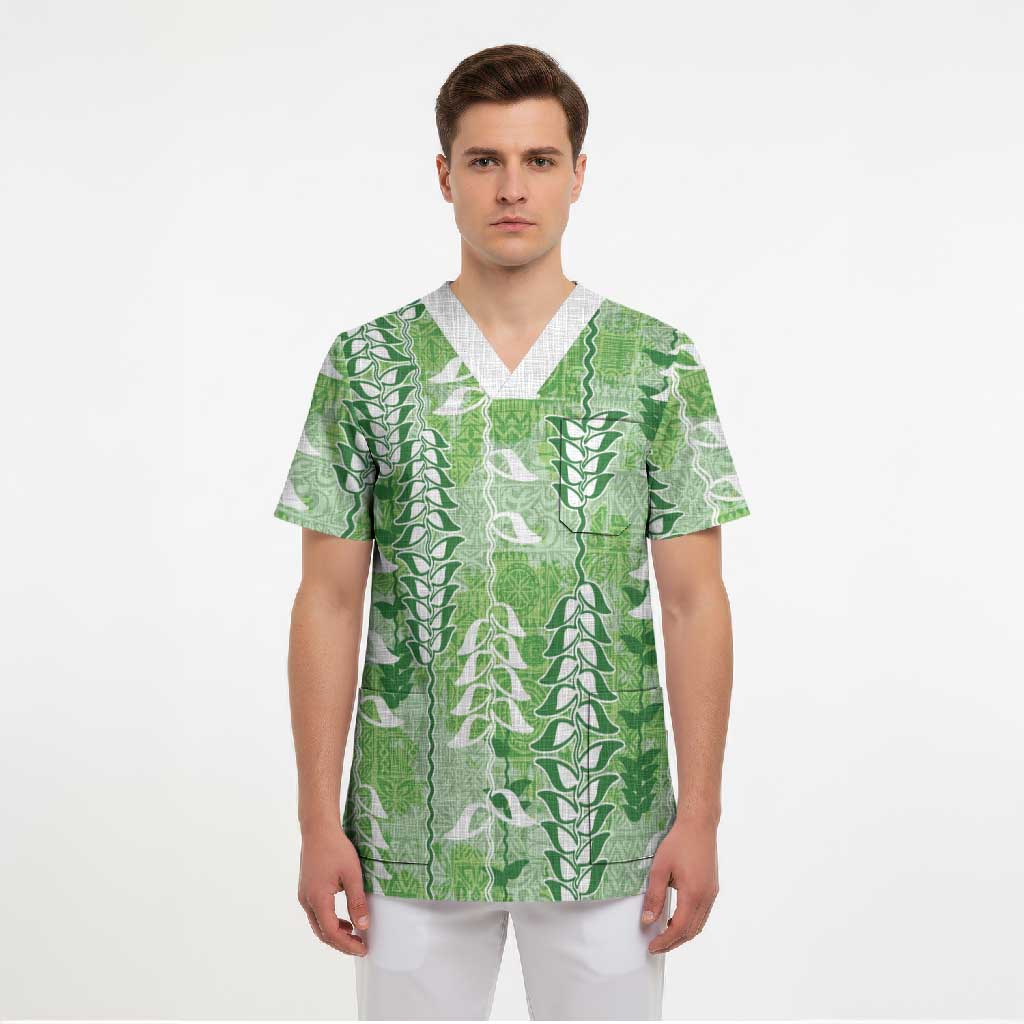Green Hawaii Tapa Pattern Scrub Top With Heliconia Vintage Style
