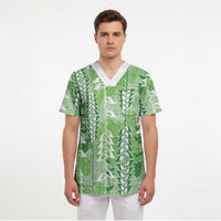 Green Hawaii Tapa Pattern Scrub Top With Heliconia Vintage Style