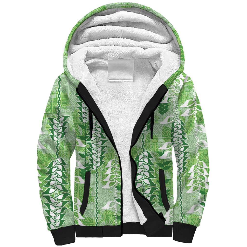 Green Hawaii Tapa Pattern Sherpa Hoodie With Heliconia Vintage Style LT05 Unisex Green - Polynesian Pride