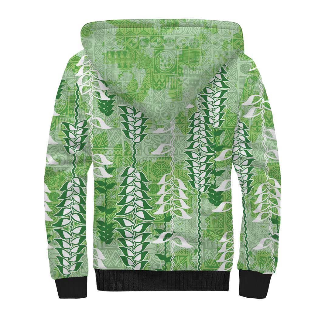 Green Hawaii Tapa Pattern Sherpa Hoodie With Heliconia Vintage Style LT05 - Polynesian Pride