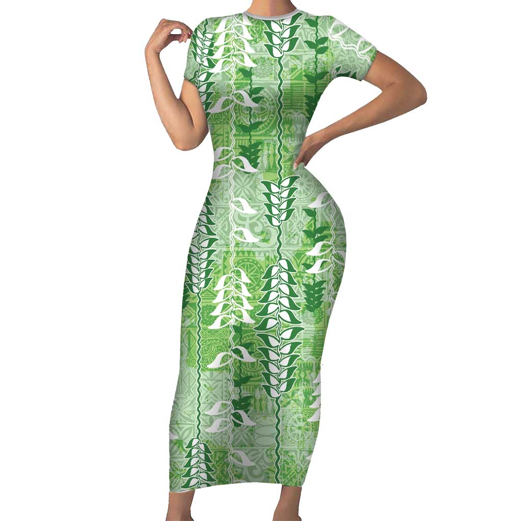 Green Hawaii Tapa Pattern Short Sleeve Bodycon Dress With Heliconia Vintage Style LT05 Long Dress Green - Polynesian Pride