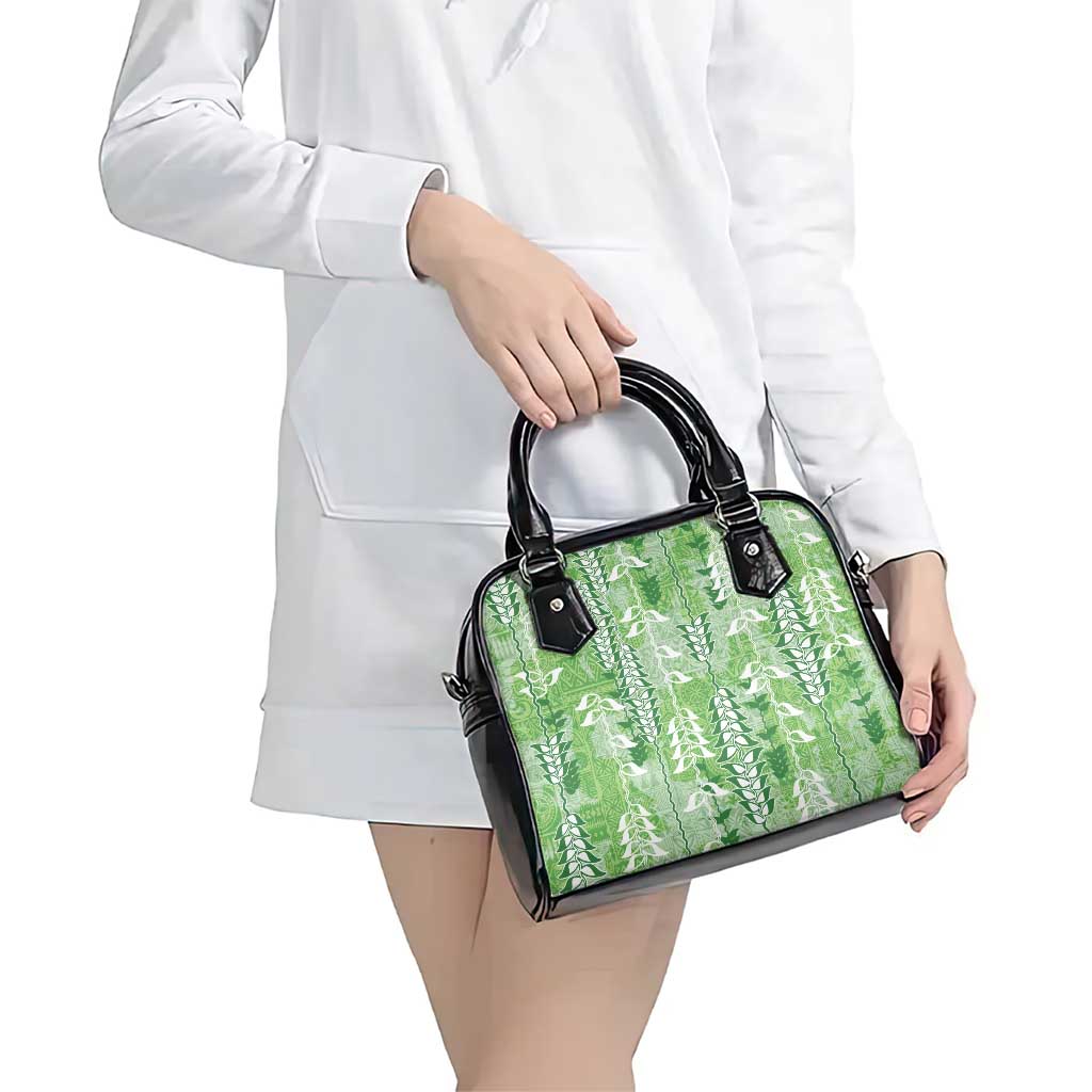 Green Hawaii Tapa Pattern Shoulder Handbag With Heliconia Vintage Style