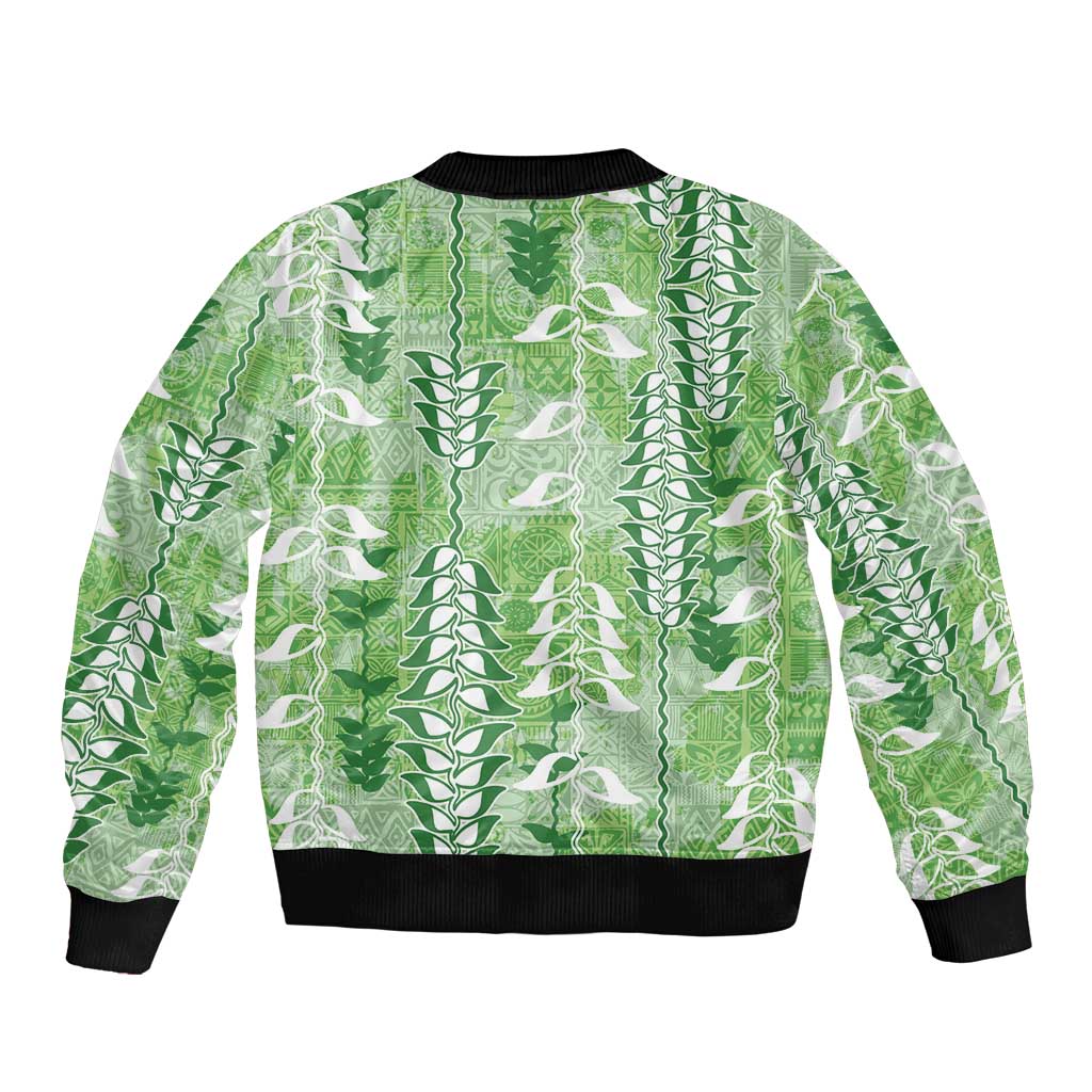 Green Hawaii Tapa Pattern Sleeve Zip Bomber Jacket With Heliconia Vintage Style LT05 - Polynesian Pride