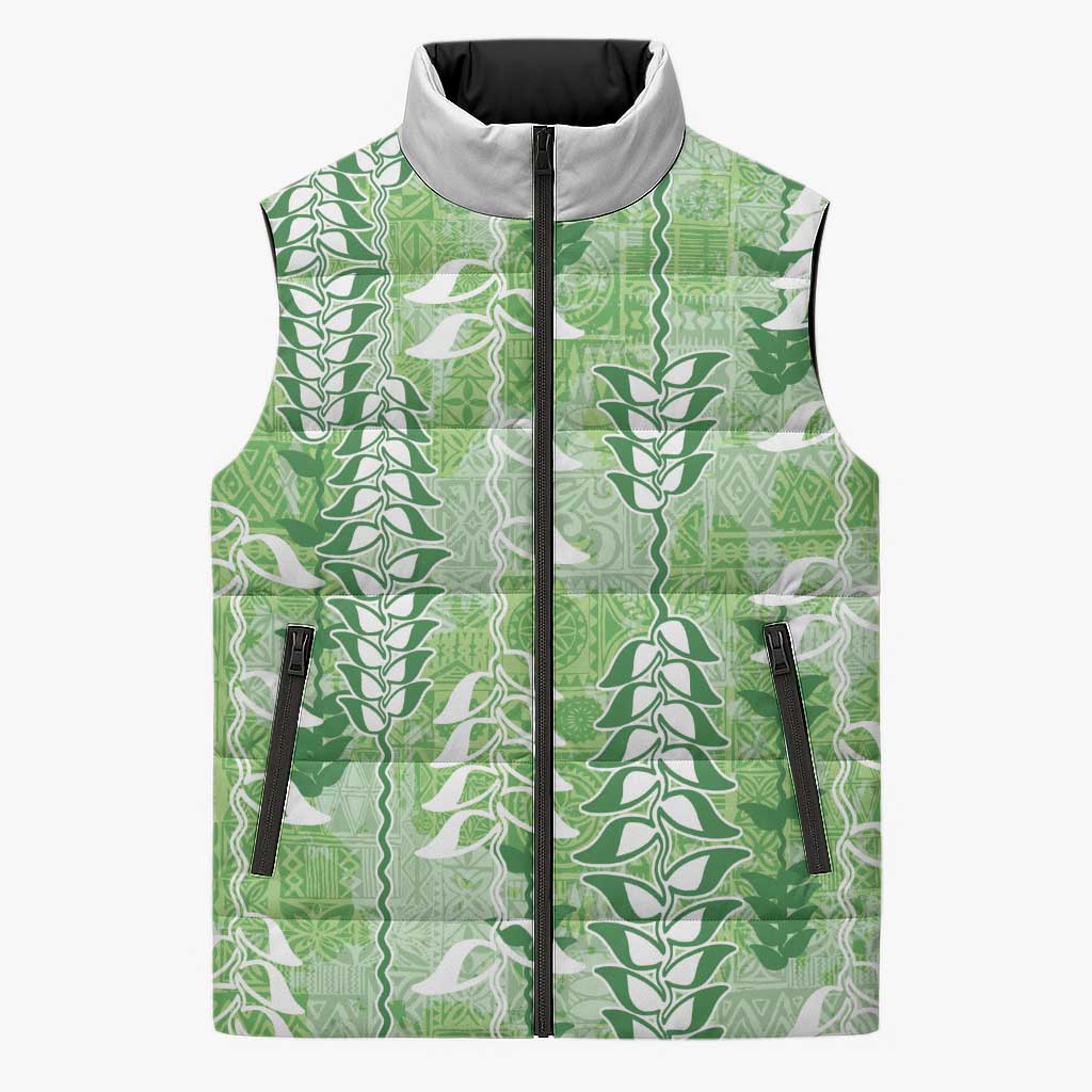 Green Hawaii Tapa Pattern Sleeveless Puffer Jacket With Heliconia Vintage Style LT05 Unisex Green - Polynesian Pride