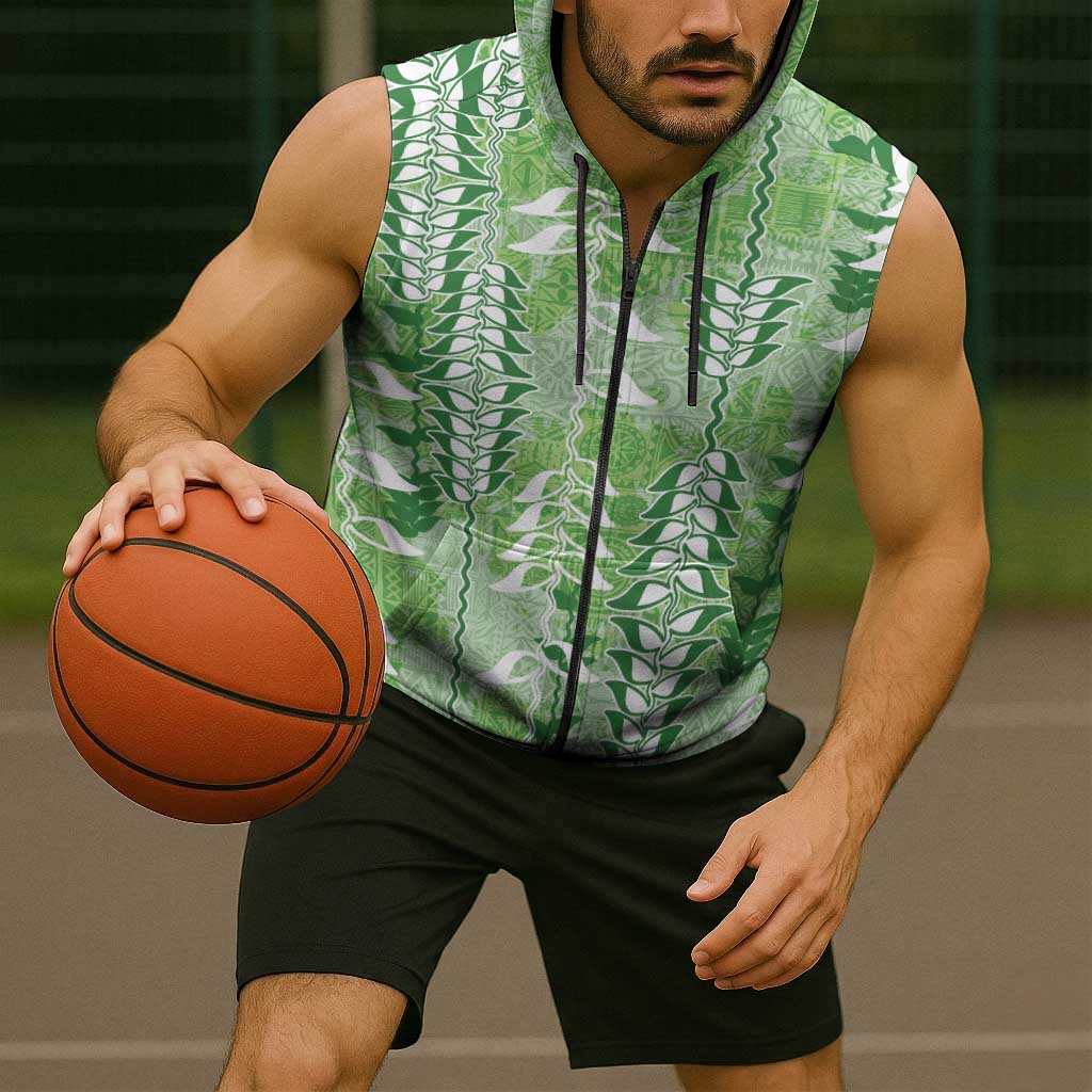 Green Hawaii Tapa Pattern Sleeveless Zip Hoodie With Heliconia Vintage Style LT05 - Polynesian Pride