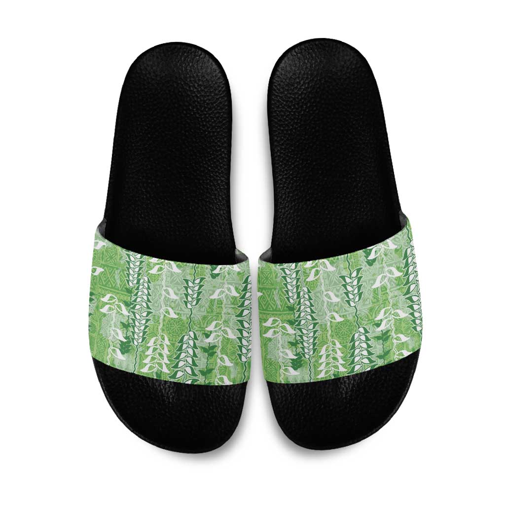 Green Hawaii Tapa Pattern Slide Sandals With Heliconia Vintage Style