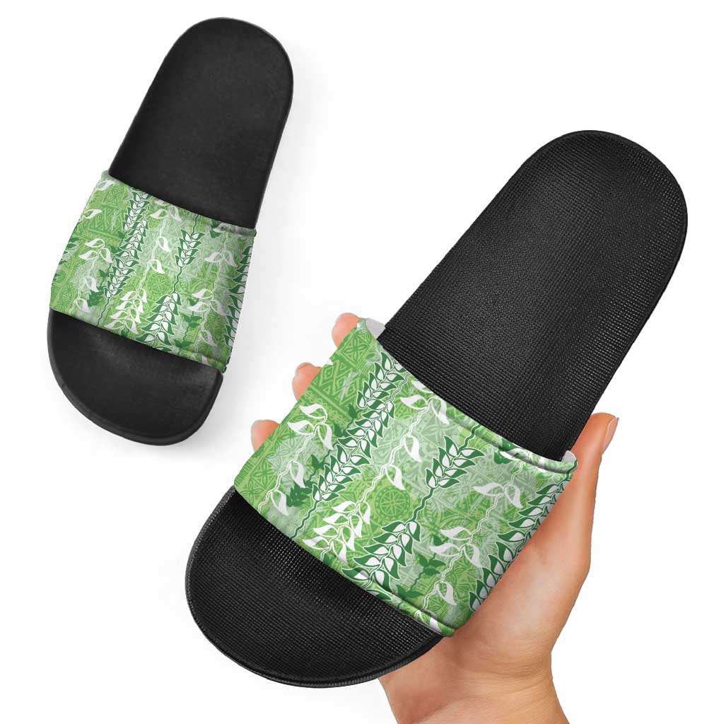 Green Hawaii Tapa Pattern Slide Sandals With Heliconia Vintage Style