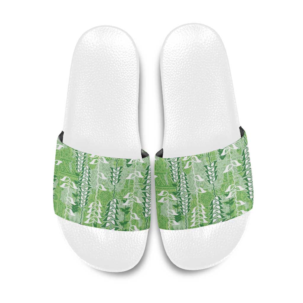 Green Hawaii Tapa Pattern Slide Sandals With Heliconia Vintage Style