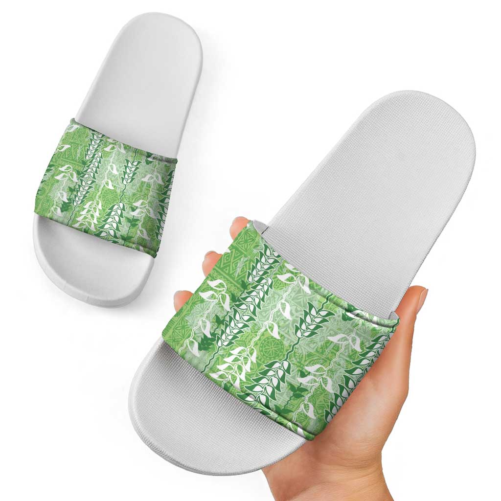 Green Hawaii Tapa Pattern Slide Sandals With Heliconia Vintage Style