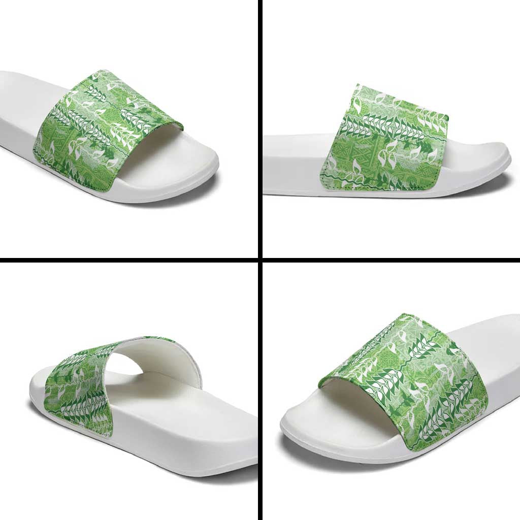 Green Hawaii Tapa Pattern Slide Sandals With Heliconia Vintage Style