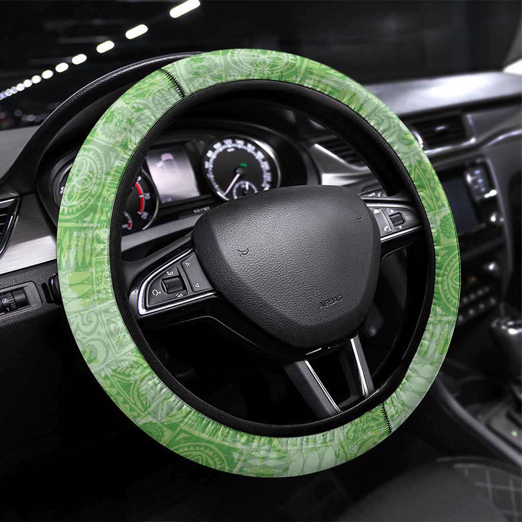 Green Hawaii Tapa Pattern Steering Wheel Cover With Heliconia Vintage Style LT05 Universal Fit Green - Polynesian Pride