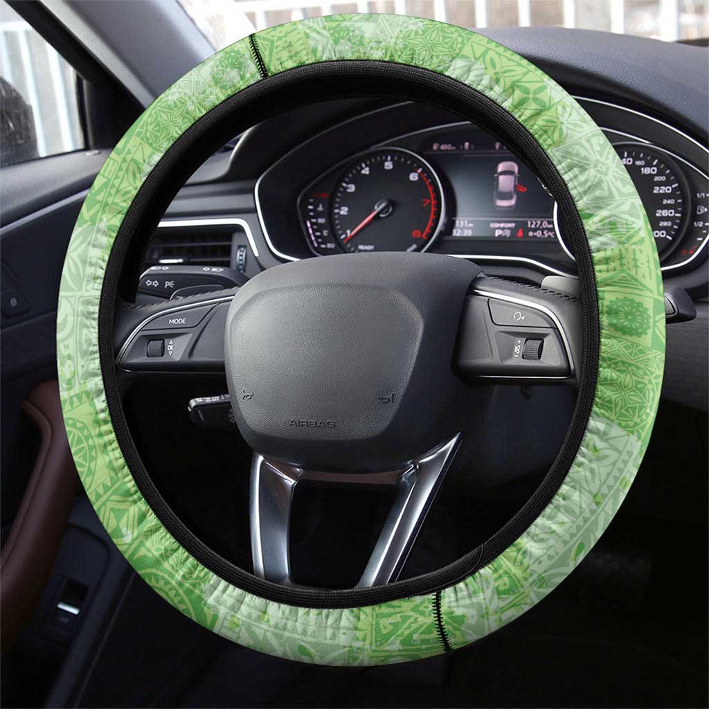 Green Hawaii Tapa Pattern Steering Wheel Cover With Heliconia Vintage Style LT05 - Polynesian Pride